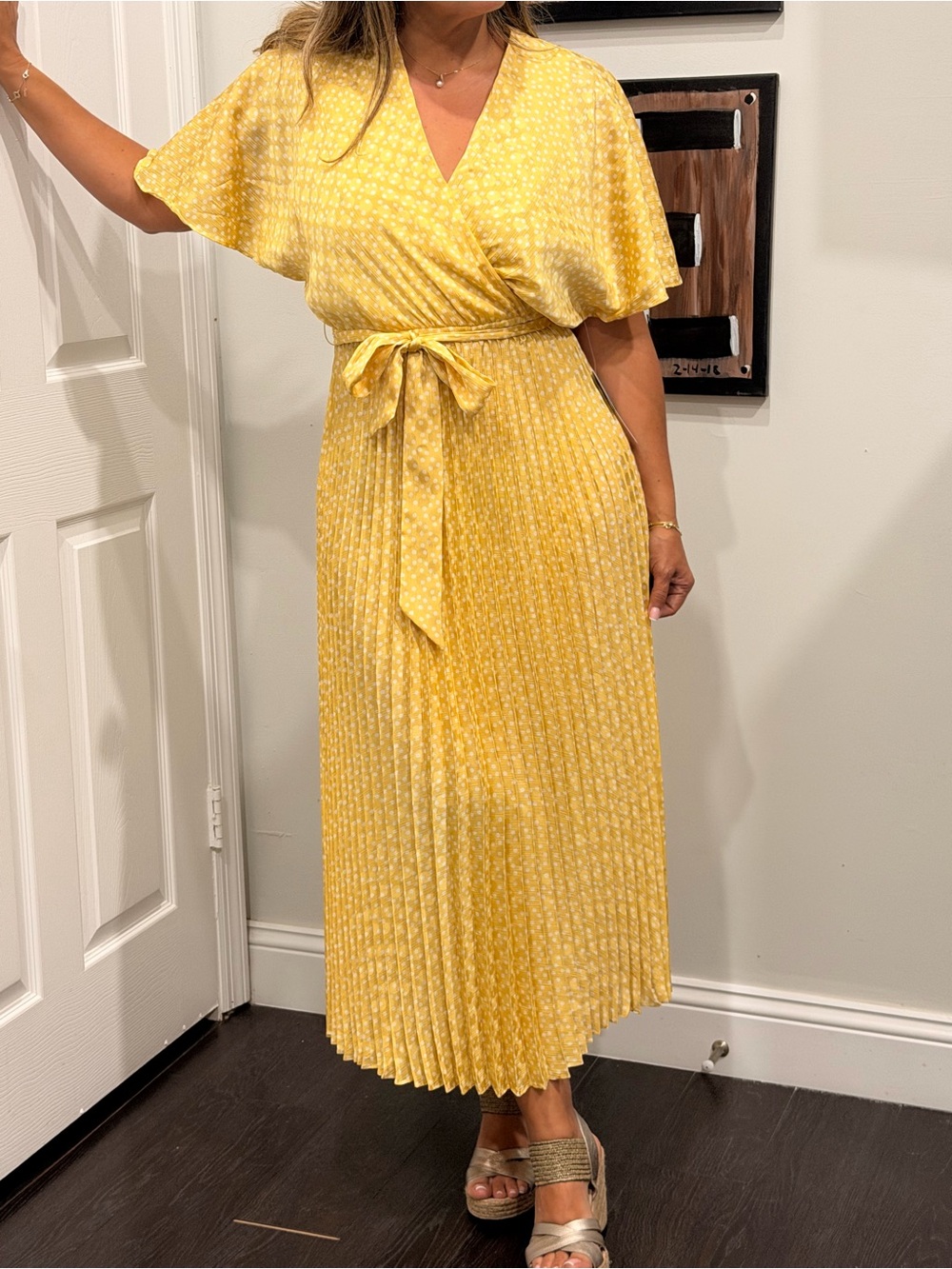 Sandra Darren Yellow Polka Dot Wrap Maxi Dress